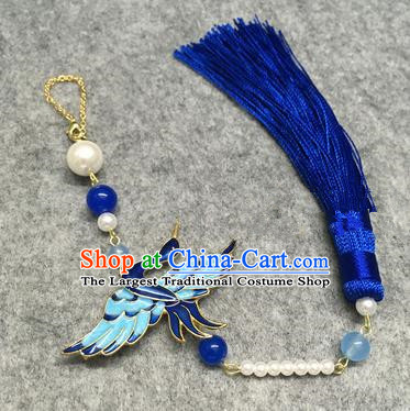 Chinese Traditional Hanfu Accessories Blueing Crane Brooch Tassel Pendant Ancient Qing Dynasty Queen Breastpin for Women