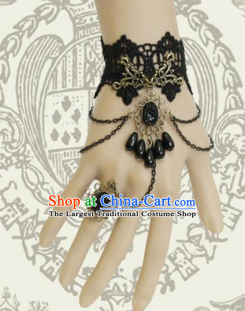 Top Grade Handmade Halloween Black Lace Bangle with Ring Fancy Ball Bracelet Accessories for Women
