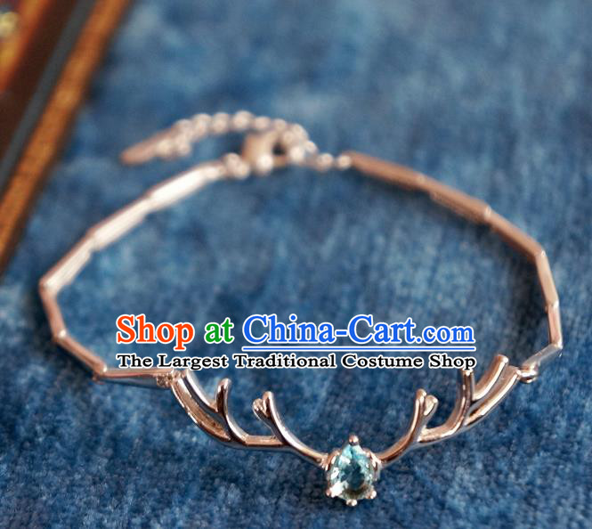 Chinese Traditional Hanfu Jewelry Accessories Blue Crystal Antler Bracelet Ancient Qing Dynasty Princess Bangle for Women