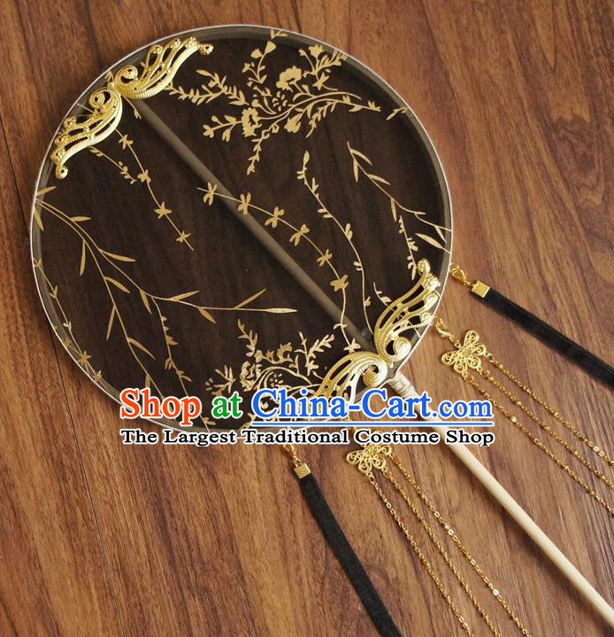 Chinese Traditional Hanfu Butterfly Tassel Black Palace Fans Ancient Princess Silk Round Fan for Women