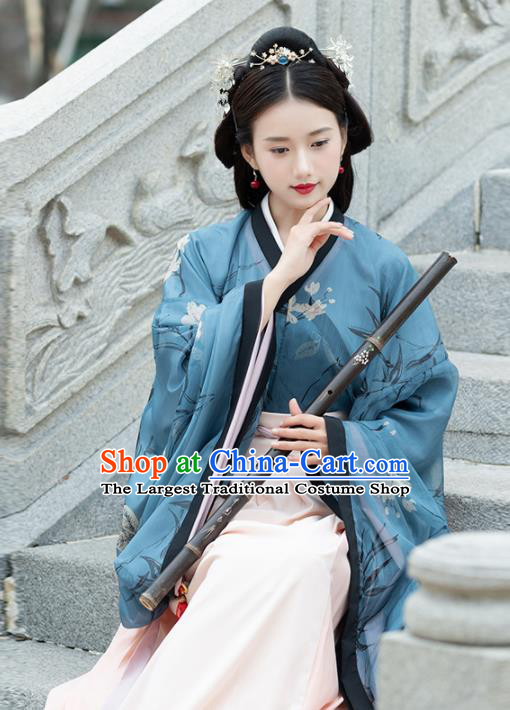 Traditional Chinese Jin Dynasty Imperial Consort Replica Costumes Ancient Court Princess Blue Hanfu Dress for Women