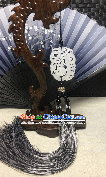 Traditional Chinese Hanfu Jade Carving Dragon Waist Accessories Ancient Swordsman Grey Tassel Pendant