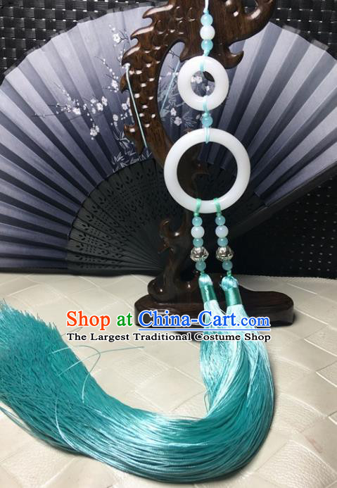 Traditional Chinese Hanfu White Jade Ring Waist Accessories Ancient Swordsman Blue Tassel Pendant