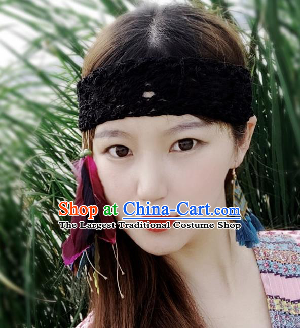 Chinese Traditional Ethnic Black Wool Knitting Headband National Handmade Feather Hair Clasp for Women