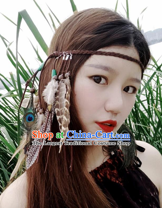 Chinese Traditional Ethnic Brown Leather Knitting Headband National Handmade Feather Hair Clasp for Women