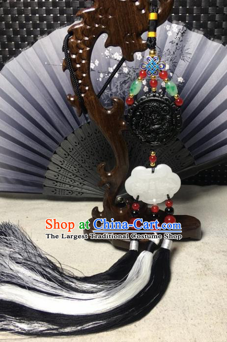 Traditional Chinese Hanfu Black Jade Carving Waist Accessories Palace Tassel Pendant Ancient Swordsman Brooch