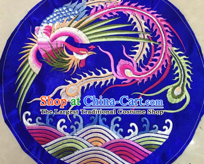 Chinese Traditional Embroidered Phoenix Royalblue Round Applique National Dress Patch Embroidery Cloth Accessories