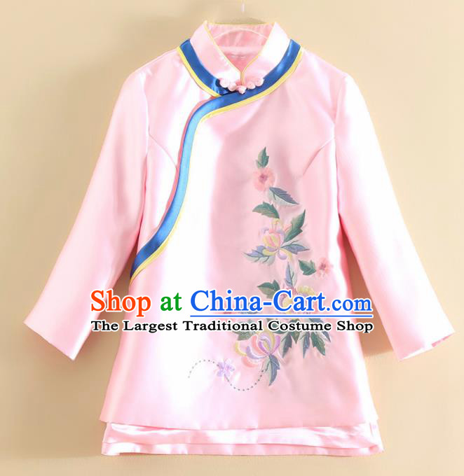 Chinese Traditional Tang Suit Embroidered Pink Satin Shirt National Costume Qipao Upper Outer Garment for Women