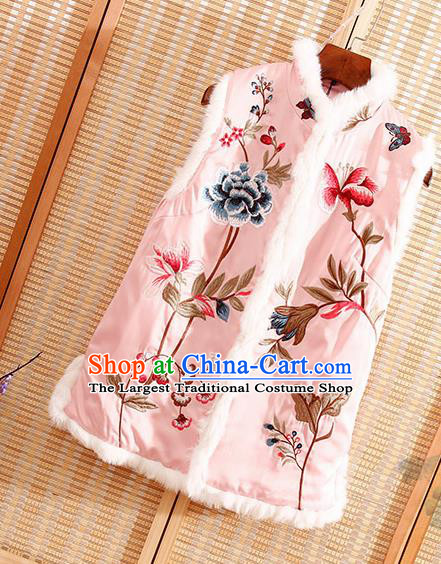 Chinese Traditional Embroidered Peony Pink Vest National Dress Embroidery Waistcoat for Women