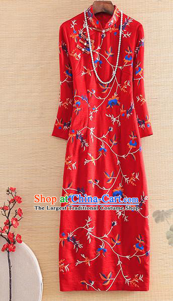 Chinese Traditional Embroidered Flowers Red Cheongsam National Costume Qipao Dress for Women