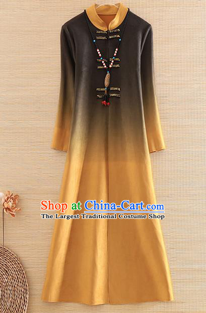 Chinese Traditional Printing Yellow Dust Coat National Costume Qipao Upper Outer Garment for Women