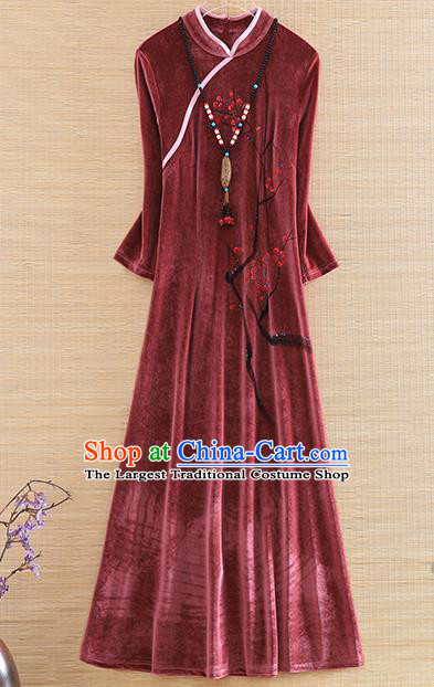 Chinese Traditional Rust Red Velvet Cheongsam National Costume Qipao Dress for Women