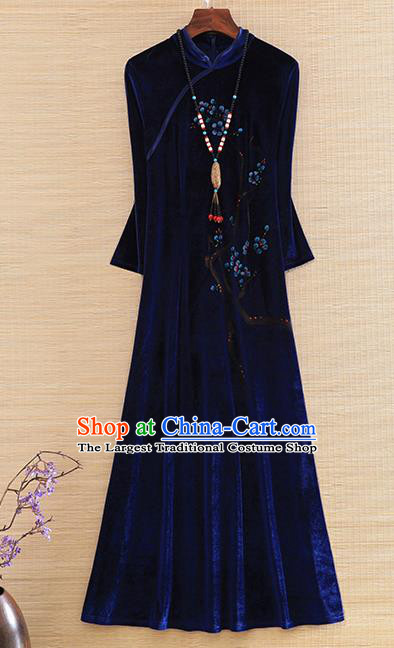 Chinese Traditional Royalblue Velvet Cheongsam National Costume Qipao Dress for Women