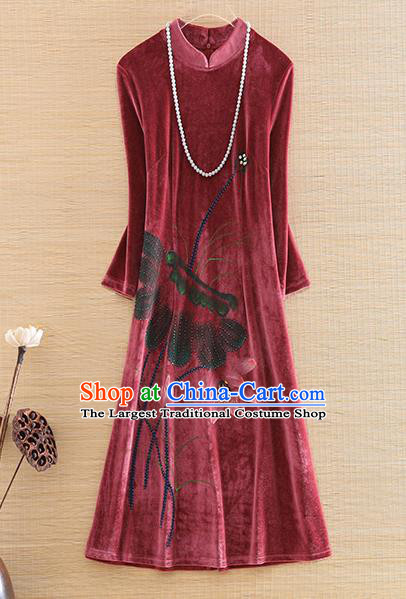 Chinese Traditional Printing Lotus Rust Red Velvet Cheongsam National Costume Qipao Dress for Women
