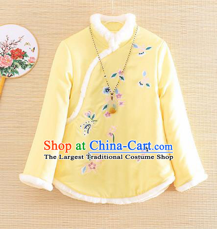 Chinese Traditional Tang Suit Embroidered Yellow Cotton Padded Jacket National Costume Qipao Upper Outer Garment for Women