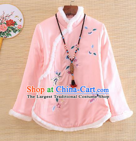 Chinese Traditional Tang Suit Embroidered Pink Cotton Padded Jacket National Costume Qipao Upper Outer Garment for Women