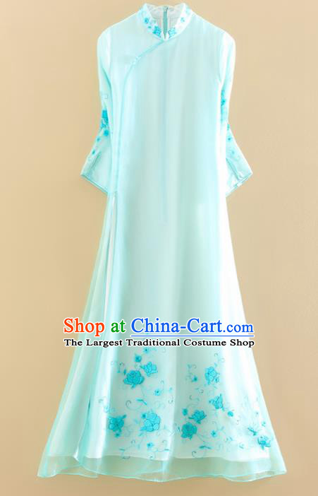 Chinese Traditional Tang Suit Embroidered Roses Blue Cheongsam National Costume Qipao Dress for Women