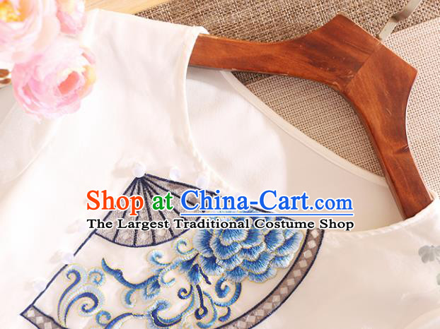Chinese Traditional Tang Suit Embroidered Peony White Cheongsam National Costume Qipao Dress for Women