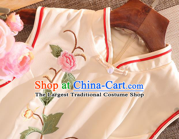 Chinese Traditional Tang Suit Embroidered Peony White Silk Cheongsam National Costume Qipao Dress for Women