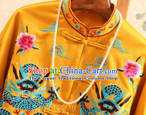 Chinese Traditional Tang Suit Embroidered Dragons Golden Coat National Costume Qipao Upper Outer Garment for Women