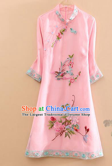 Traditional Chinese Tang Suit Embroidered Phoenix Peony Pink Cheongsam National Costume Qipao Dress for Women
