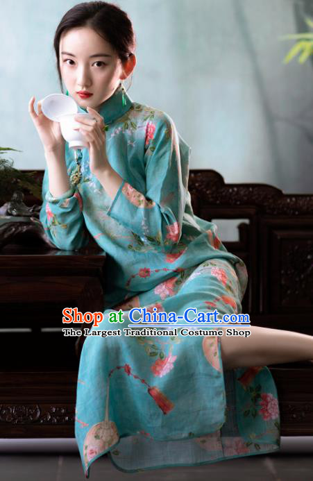 Traditional Chinese National Printing Blue Flax Qipao Dress Tang Suit Cheongsam Costume for Women