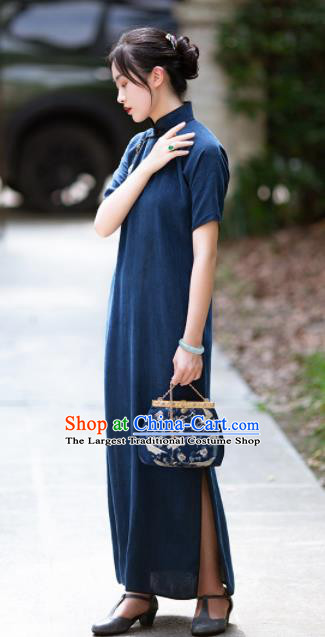 Traditional Chinese National Navy Blue Silk Qipao Dress Tang Suit Cheongsam Costume for Women