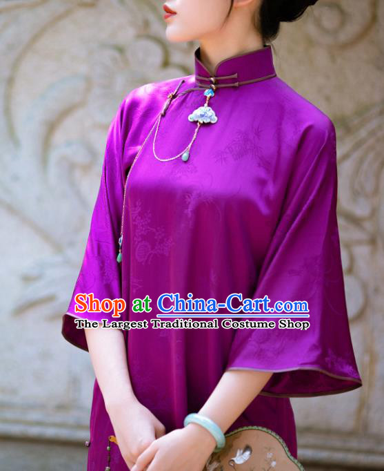 Traditional Chinese National Purple Silk Qipao Dress Tang Suit Cheongsam Costume for Women