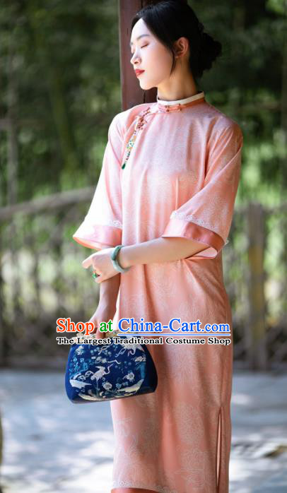Traditional Chinese National Pink Silk Qipao Dress Tang Suit Cheongsam Costume for Women