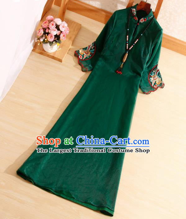 Traditional Chinese National Embroidered Butterfly Deep Green Qipao Dress Tang Suit Cheongsam Costume for Women