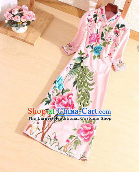 Traditional Chinese National Embroidered Peacock Peony Pink Qipao Dress Tang Suit Cheongsam Costume for Women