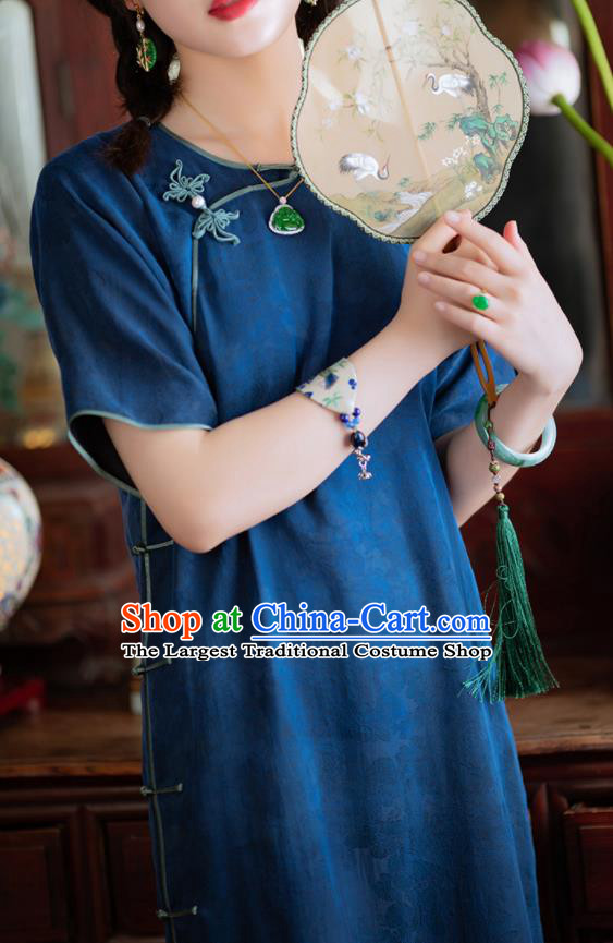 Traditional Chinese National Deep Blue Silk Qipao Dress Tang Suit Cheongsam Costume for Women