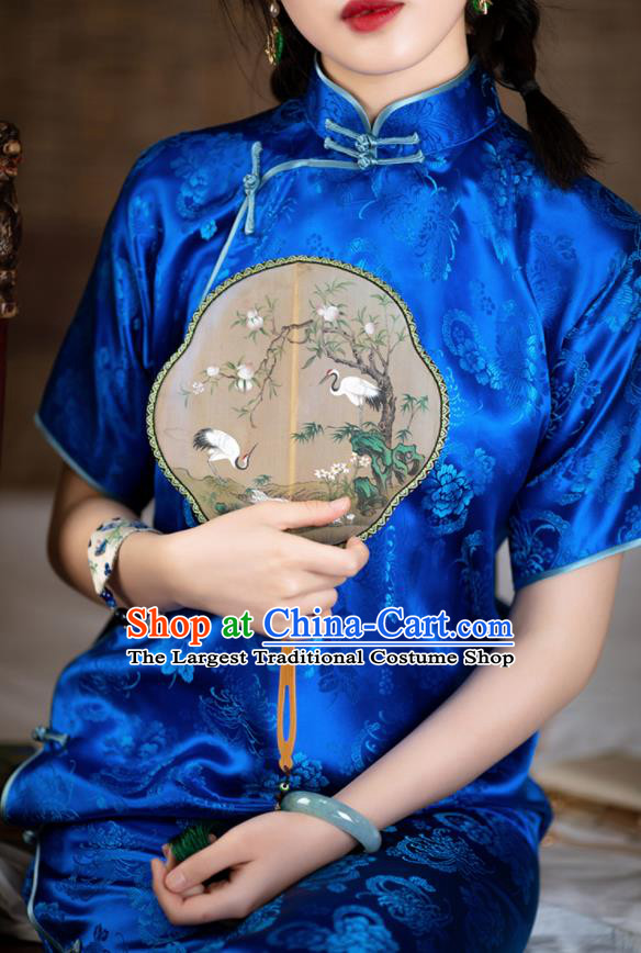 Traditional Chinese National Blue Brocade Qipao Dress Tang Suit Cheongsam Costume for Women