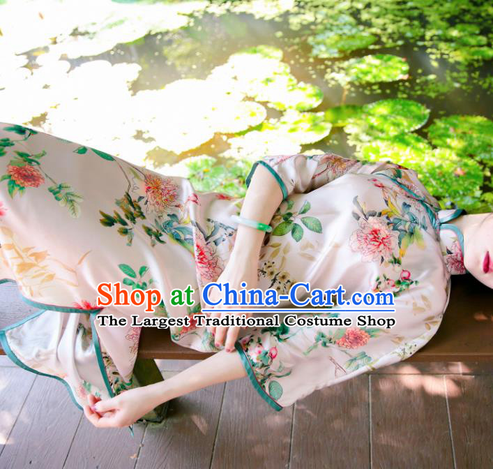 Traditional Chinese Printing White Silk Qipao Dress National Tang Suit Cheongsam Costume for Women