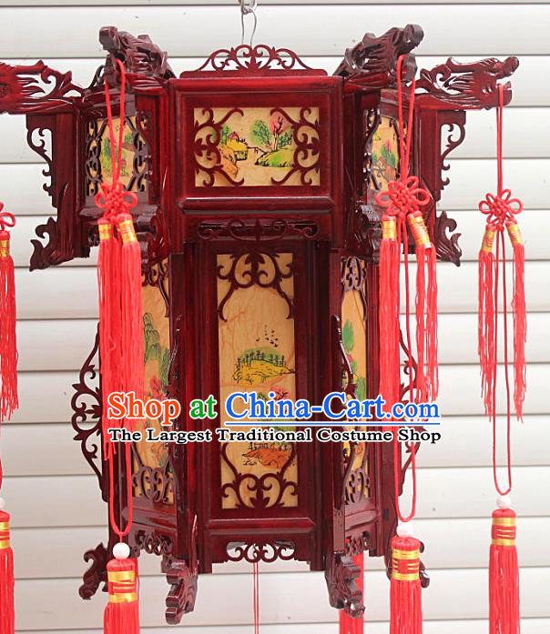 Chinese Traditional Handmade Landscape Painting Carving Rosewood Palace Lantern Asian New Year Lantern Ancient Lamp