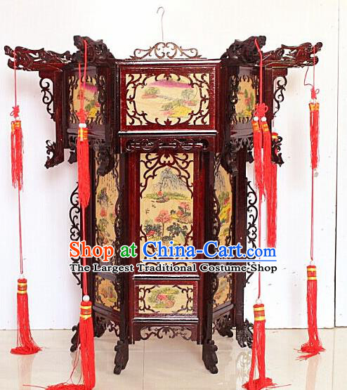 Chinese Traditional Handmade Printing Landscape Carving Rosewood Palace Lantern Asian New Year Lantern Ancient Lamp