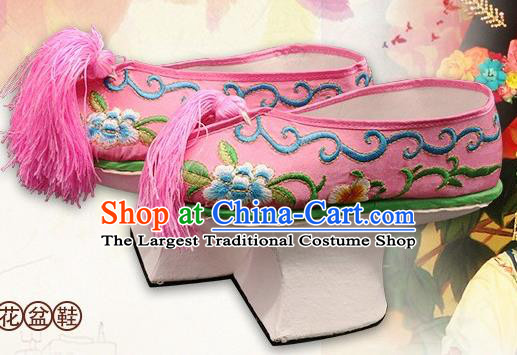 Chinese Ancient Court Princess Pink Shoes Traditional Qing Dynasty Imperial Consort Embroidered Shoes for Women