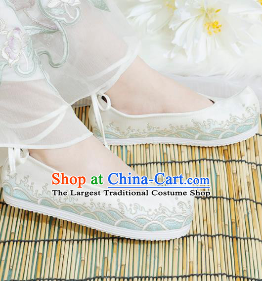 Chinese National Embroidered Waves White Shoes Ancient Traditional Princess Shoes Hanfu Shoes for Women