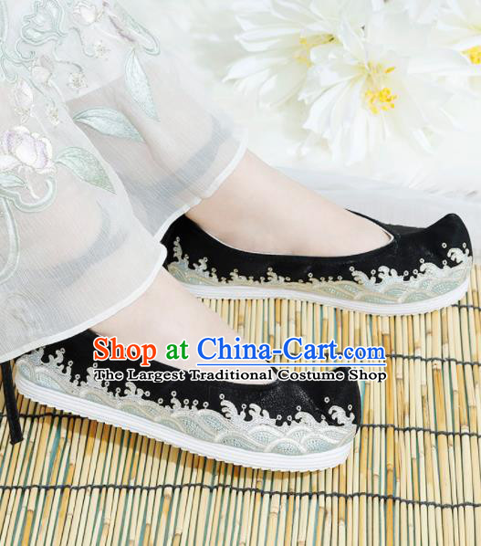Chinese National Embroidered Waves Black Shoes Ancient Traditional Princess Shoes Hanfu Shoes for Women