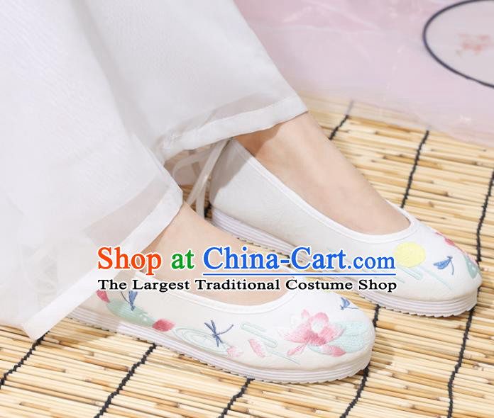Traditional Chinese National Embroidered Lotus White Shoes Ancient Princess Shoes Handmade Hanfu Shoes for Women