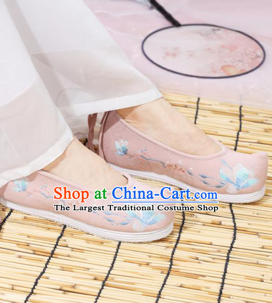 Traditional Chinese National Embroidered Magnolia Pink Shoes Ancient Princess Shoes Handmade Hanfu Shoes for Women