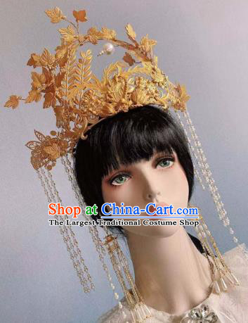 Traditional Chinese Deluxe Golden Leaf Phoenix Coronet Hair Accessories Halloween Stage Show Headdress for Women