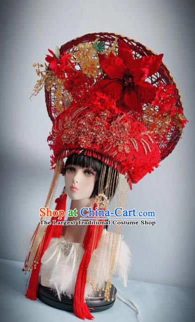 Traditional Chinese Deluxe Red Hat Phoenix Coronet Hair Accessories Halloween Stage Show Headdress for Women