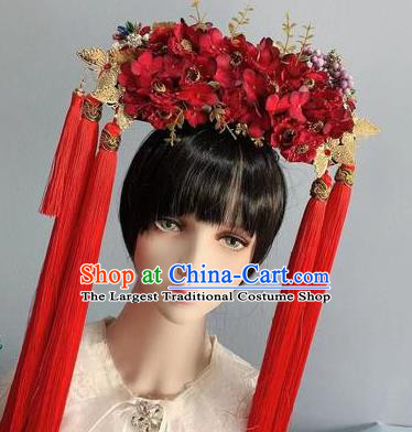 Traditional Chinese Deluxe Red Flowers Phoenix Coronet Hair Accessories Halloween Stage Show Headdress for Women