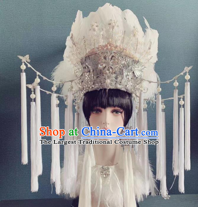 Traditional Chinese Deluxe White Feather Tassel Phoenix Coronet Hair Accessories Halloween Stage Show Headdress for Women