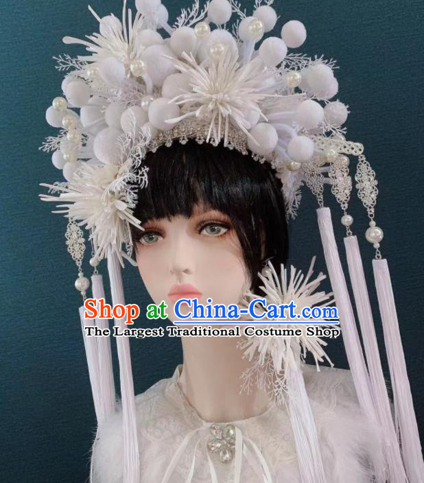 Traditional Chinese Deluxe White Flowers Phoenix Coronet Hair Accessories Halloween Stage Show Headdress for Women