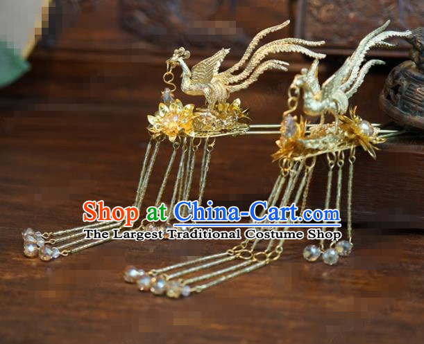 Traditional Chinese Ancient Bride Golden Phoenix Hair Clip Handmade Hanfu Court Queen Tassel Hairpins Hair Accessories for Women