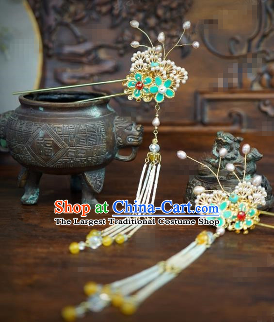 Traditional Chinese Ancient Bride Pearls Pine Tassel Hair Clip Handmade Hanfu Court Queen Hairpins Hair Accessories for Women
