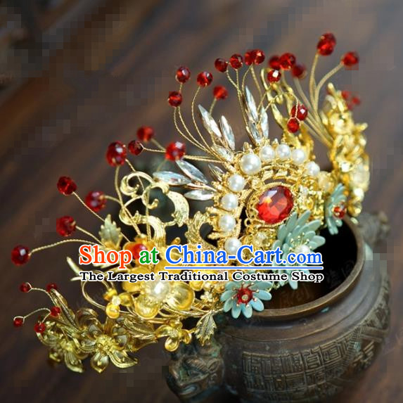 Traditional Chinese Ancient Bride Pearls Hair Crown Hanfu Court Queen Hairpins Handmade Hair Accessories for Women