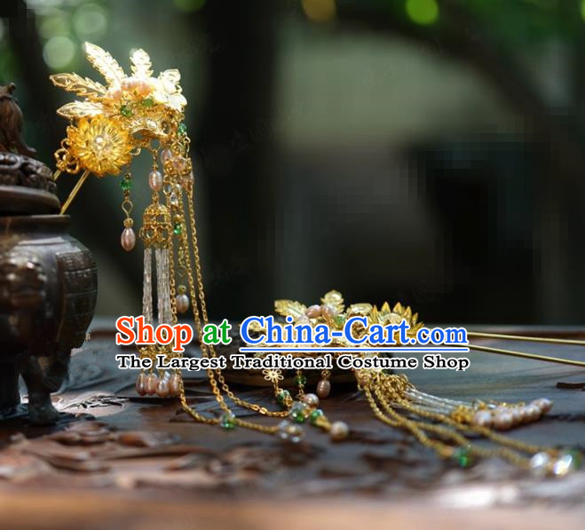 Traditional Chinese Handmade Court Golden Phoenix Tassel Hairpins Hair Accessories Ancient Hanfu Hair Clip for Women